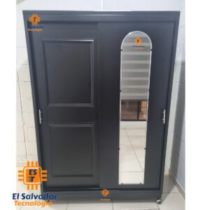 Closet Metálico para Dormitorio 2 Cuerpos con Rodos y Espejo con Puertas Corredizas color negro