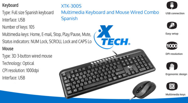 Combo con cable multimedia para mouse y teclado - USB Español Xtech XTK-300S - Imagen 4