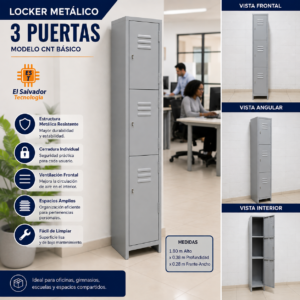 Locker Metalico de 3 Puertas - Modelo CNT BASICO - Color Gris - 1.80 Mt Alto x 0.38 Profundidad x 0.28 Frente-Ancho