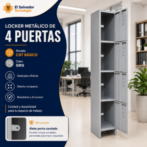Locker Metalico de 4 Puertas - Modelo CNT BASICO - Color Gris - 1.80 Mt Alto x 0.38 Profundidad x 0.28 Frente-Ancho