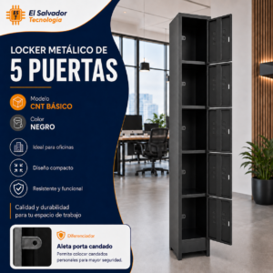 Locker Metalico de 5 Puertas - Modelo CNT BASICO - Color Negro- 1.80 Mt Alto x 0.38 Profundidad x 0.28 Frente-Ancho