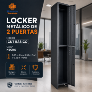 Locker Metalico de 2 Puertas - Modelo CNT BASICO - Color Negro - 1.80 Mt Alto x 0.38 Profundidad x 0.28 Frente-Ancho