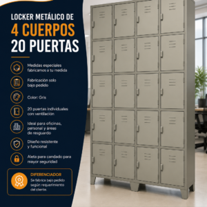 Locker Metalico 4 Cuerpos 20 puertas con Aleta porta Candados - 1.80m Alto x 1.20m Ancho x 0.40m Fondo
