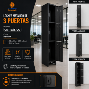 Locker Metalico de 3 Puertas - Modelo CNT BASICO - Color Negro - 1.80 Mt Alto x 0.38 Profundidad x 0.28 Frente-Ancho