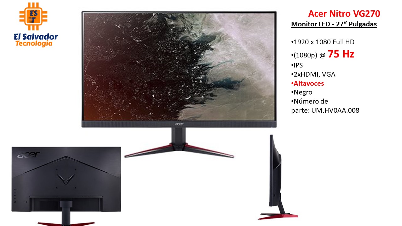 Monitor Acer Nitro Led IPS - 27 Pulgadas - 75 Hz - 1920 x 1080 Full HD - HDMI VGA - Modelo VG270 - UM.HV0AA.008