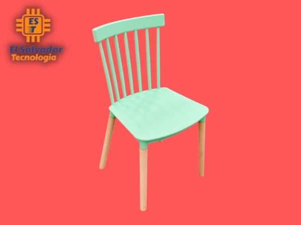 Silla moderna plástica celeste patas de madera