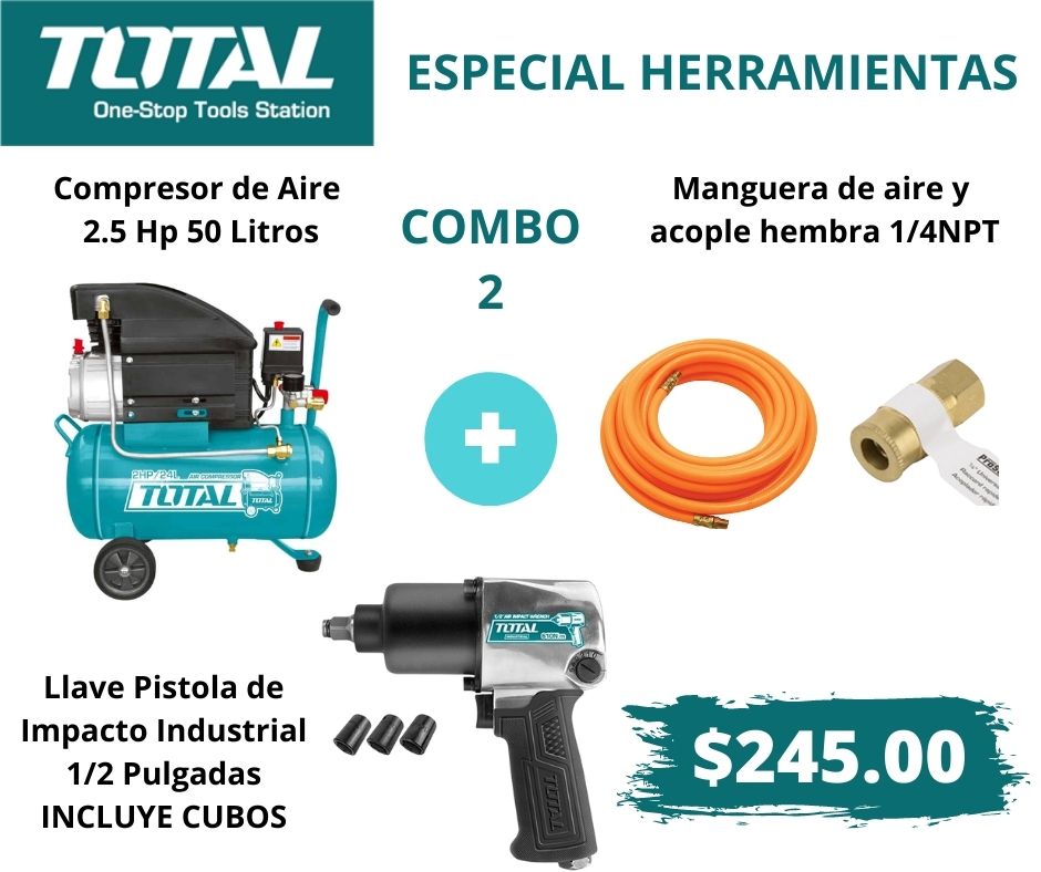 Combo 2 Herramientas - Compresor + Manguera de aire + Pistola de impacto con cubos