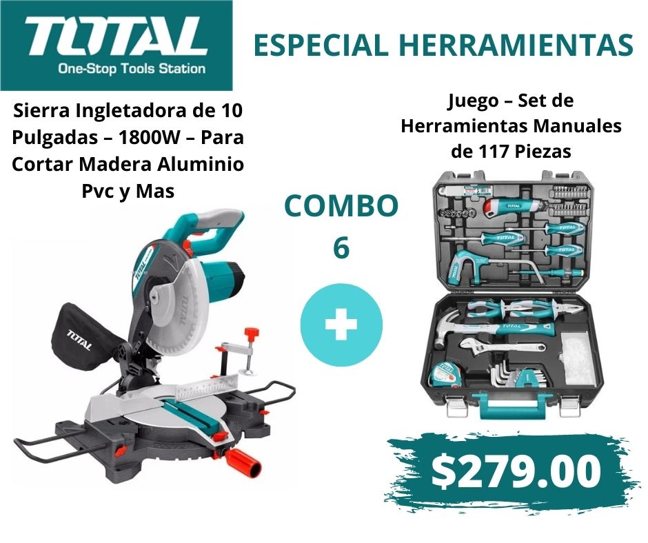 Combo 6 Herramientas - Sierra Ingleteadora 10 Pulgadas 1800W + Set de Herramientas Manuales de 117 Piezas