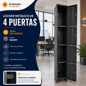 Locker Metalico de 4 Puertas - Modelo CNT BASICO - Color Negro - 1.80 Mt Alto x 0.38 Profundidad x 0.28 Frente-Ancho