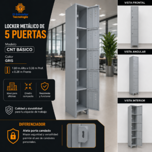 Locker Metalico de 5 Puertas - Modelo CNT BASICO - Color Gris - 1.80 Mt Alto x 0.38 Profundidad x 0.28 Frente-Ancho