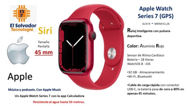 Reloj Inteligente - Apple Watch Series 7 - Pantalla de 45 mm - (GPS) A2474 - MKN53LZ/A - Color Aluminio Rojo