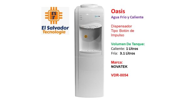 Oasis Agua Frio y Caliente - Dispensador Tipo Botón de Impulso - Volumen De Tanque - Caliente - 1 Litros Fría - 3.1 Litros - Marca - NOVATEK - VDR-0054