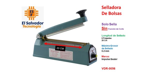 Selladora De Bolsas - Solo Sella - Sin Función de Corte - Longitud de Sellado 8 Pulgadas 20 Cm - Máximo Grosor de Sellado 0.2 mm - Marca- Impulse Sealer - VDR-0056