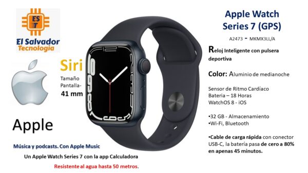Reloj Inteligente - Apple Watch Series 7 (GPS) A2473 - MKMX3LL/A - Color Aluminio de Medianoche