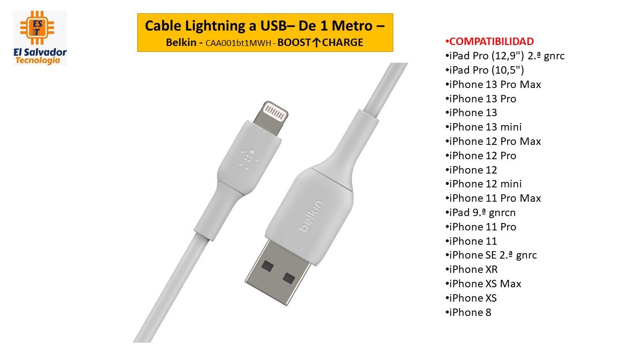 Cable Lightning a USB– De 1 Metro – Belkin - CAA001bt1MWH - BOOST↑CHARGE