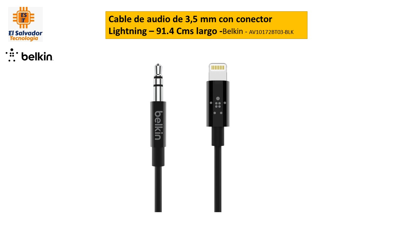 Cable de audio de 3.5 mm con conector Lightning – 91.4 Cms largo -Belkin - AV10172BT03-BLK