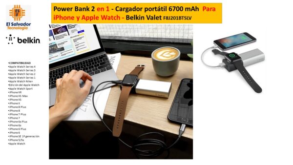 Power Bank 2 en 1 - Cargador portátil 6700 mAh Para iPhone y Apple Watch - Belkin Valet F8J201BTSLV