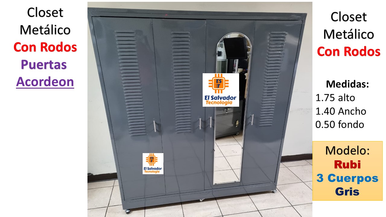 Closet Metalico Para Dormitorio con Rodos y Espejo Con Puertas Tipo Aordeon - Modelo Rubi Color Gris - El Salvador Tecnologia -1