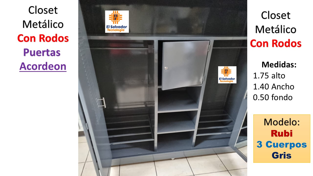 Closet Metalico Para Dormitorio con Rodos y Espejo Con Puertas Tipo Aordeon - Modelo Rubi Color Gris - El Salvador Tecnologia -4