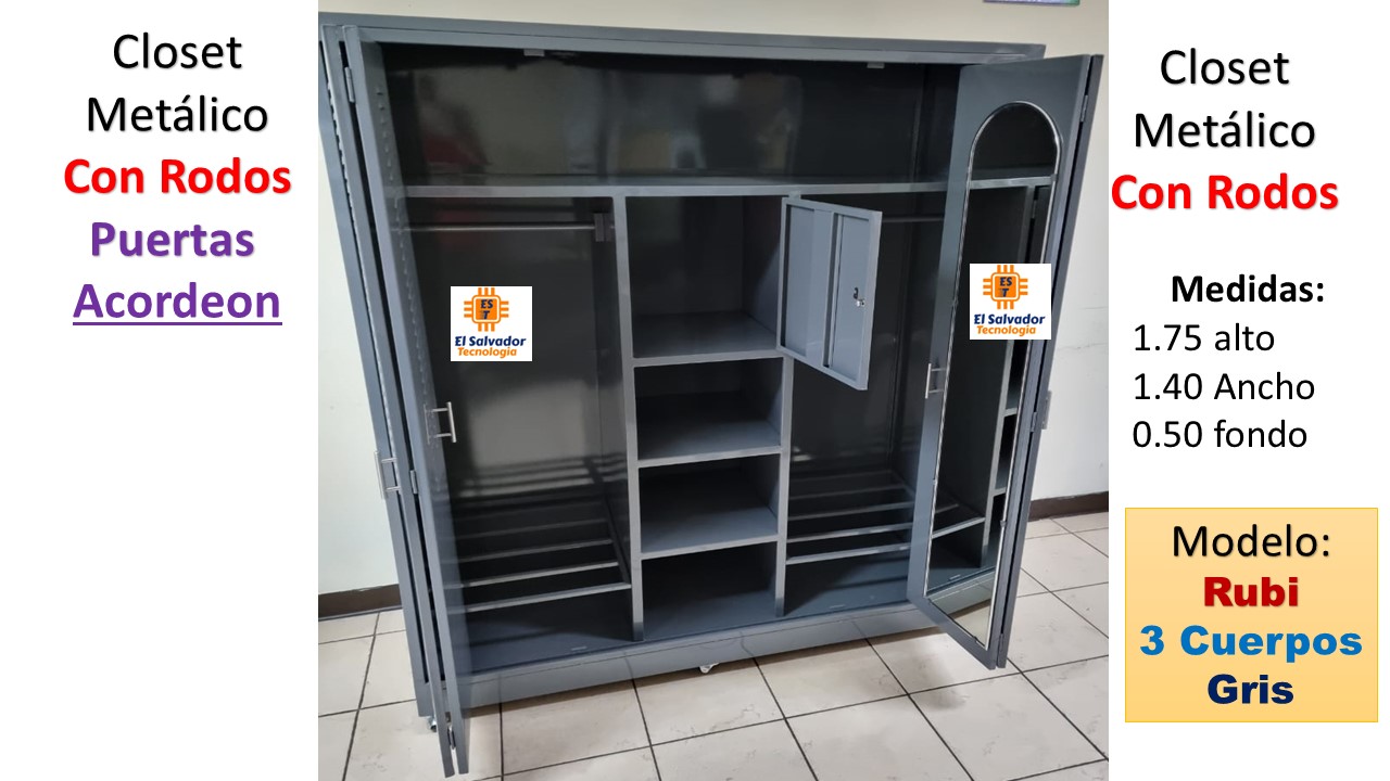 Closet Metalico Para Dormitorio con Rodos y Espejo Con Puertas Tipo Aordeon - Modelo Rubi Color Gris - El Salvador Tecnologia -6