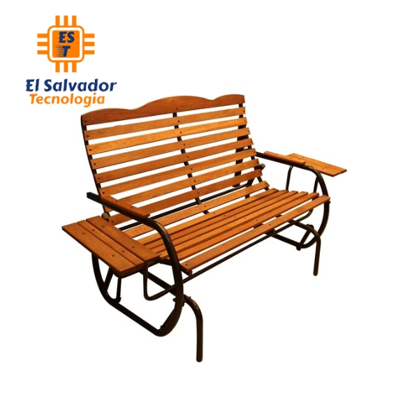 Banca mecedora para jardin de madera-metal cafe con mesa lateral 180x91x76cm FRD-037