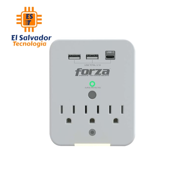 Forza Tomacorriente protector tensión 490J/ 1875W - 3 conectores - USB y USB-C- FWT-331USBC