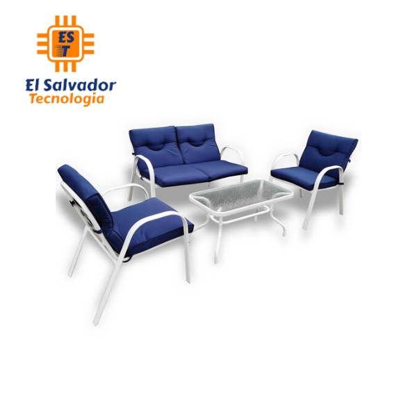 Set de sala para patio de metal blanco - vidrio central 5mm tela azul FRD-032