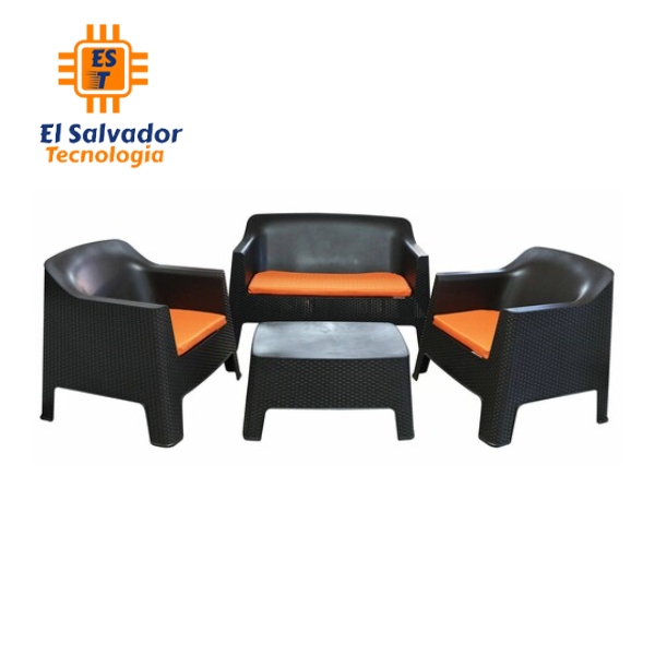 Set de sala para patio - plástico - textura ratan colchones naranja FRD-035