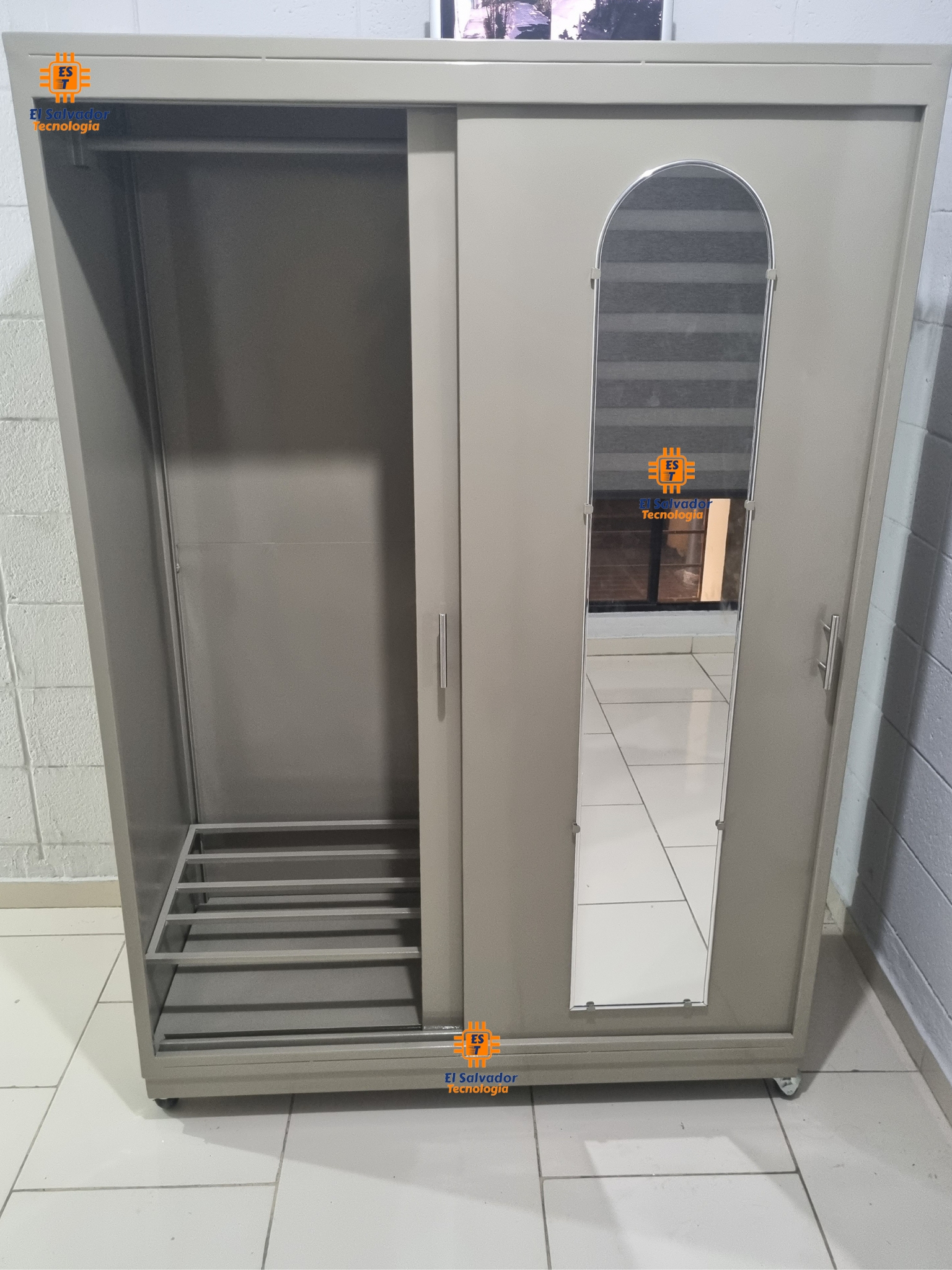 Closet Metálico para Dormitorio 2 Cuerpos con Rodos  y Espejo con Puertas Corredizas color beige - Imagen 2