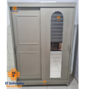Closet Metálico para Dormitorio 2 Cuerpos con Rodos y Espejo con Puertas Corredizas color beige