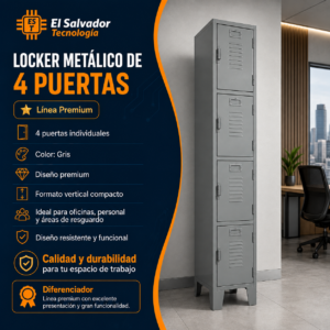 Locker de 4 Puertas - PREMIUN JNX - Aleta Porta Candado -1.80 m Alto x 0.30 m Ancho x 0.40 Fondo - GRIS