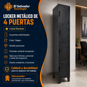 Locker Metálico de 4 Puertas - Modelo JNX PREMIUN - Color Negro -1.80 m Alto x 0.30 m Ancho x 0.40 Fondo