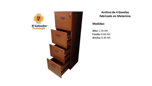 Archivo de 4 Gavetas Fabricado en Melamina - TLS 62 - 1.35m Alto x 0.60m Fondo x 0.46m Ancho