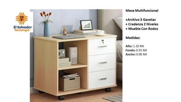 Mesa Multifuncional con rodos +Archivo 3 Gavetas + Credenza 2 Niveles- TLS 83 - 1.10m Alto x 0.55m Fondo x 0.90m Ancho