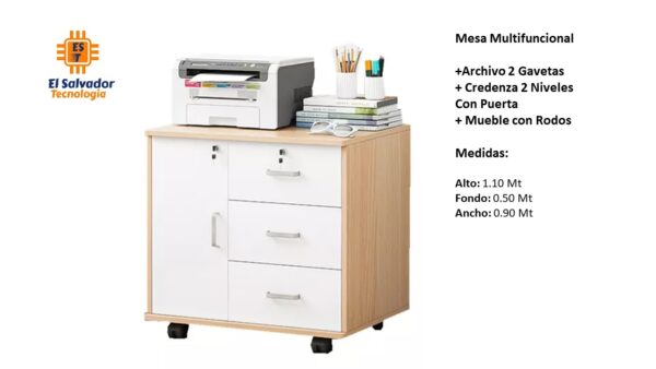 Mesa Multifuncional con rodos +Archivo 2 Gavetas + Credenza 2 Niveles Con Puerta - TLS 84 - 1.10m Alto x 0.50m Fondo x 0.90m Ancho