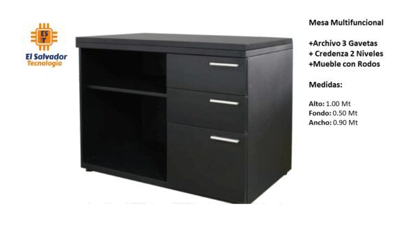 Mesa Multifuncional con rodos +Archivo 3 Gavetas + Credenza 2 Niveles- TLS 90- 1.00m Alto x 0.50m Fondo x 0.90m Ancho