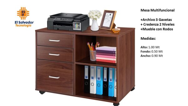 Mesa Multifuncional con rodos +Archivo 3 Gavetas + Credenza 2 Niveles-TLS 94- 1.00m Alto x 0.50m Fondo x 0.90m Ancho