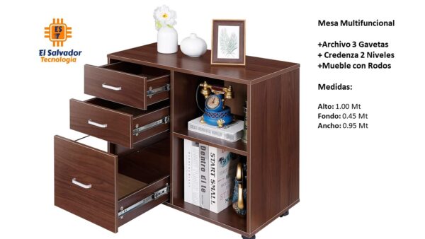 Mesa Multifuncional con rodos +Archivo 3 Gavetas + Credenza 2 Niveles- TLS 95- 1.00m Alto x 0.45m Fondo x 0.95m Ancho