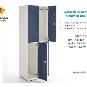 Locker de 4 Puertas De Melamina con llave- TLS 28 - 2.00m Alto x 0.80m Ancho x 0.40m Fondo