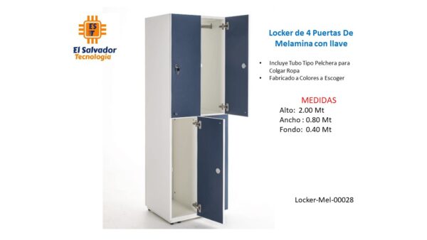 Locker de 4 Puertas De Melamina con llave- TLS 28 - 2.00m Alto x 0.80m Ancho x 0.40m Fondo