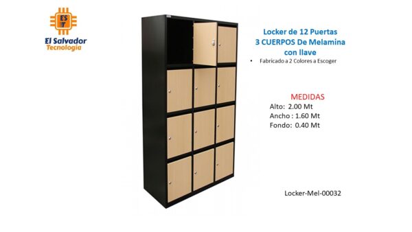 Locker de 12 Puertas 3 CUERPOS De Melamina con llave - TLS 32 - 2.00m Alto x 1.60m Ancho x 0.40m Fondo