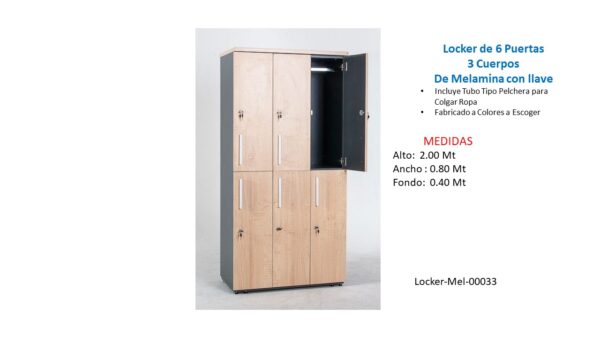 Locker de 6 Puertas 3 Cuerpos de Melamina con llave- TLS 33- 2.00m Alto x 0.80m Ancho x 0.40 Fondo