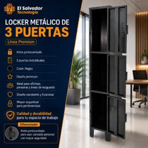 Locker Metálico de 3 Puertas - Modelo JNX PREMIUN - Color Negro -1.80 m Alto x 0.30 m Ancho x 0.40 Fondo
