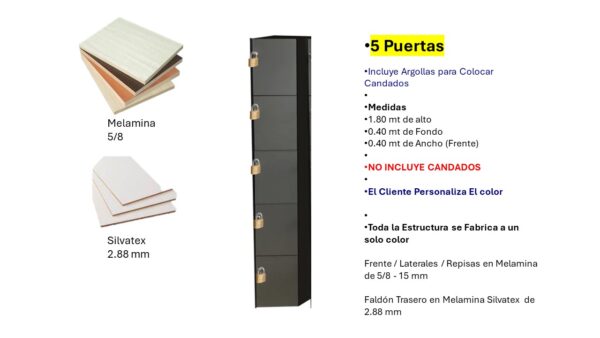 Locker de 5 Puertas - Fabricado en Melamina con Cierre de Argolla con Candados - 1.80 Mt Alto x 0.40 Ancho x 0.40 Fondo -COLOR PERSONALIZABLE - Carpinteria El Salvador Tecnologia y Muebles de Oficina