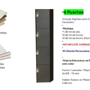 Locker de 4 Puertas - Fabricado en Melamina con Cierre de Argolla con Candados - 1.80 Mt Alto x 0.40 Ancho x 0.40 Fondo -COLOR PERSONALIZABLE - Carpinteria El Salvador Tecnologia y Muebles de Oficina