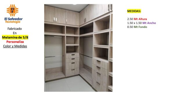 Closet de Melamina para Hogar con Gavetas y Gabinete - TLS 299 - 2.50m Altura x 1.50m Ancho x 0.50m Fondo