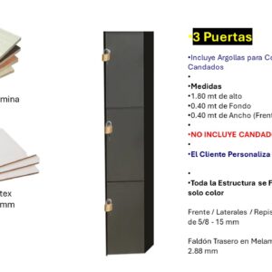 Locker de 3 Puertas - Fabricado en Melamina con Cierre de Argolla con Candados - 1.80 Mt Alto x 0.40 Ancho x 0.40 Fondo -COLOR PERSONALIZABLE - Carpinteria El Salvador Tecnologia y Muebles de Oficina