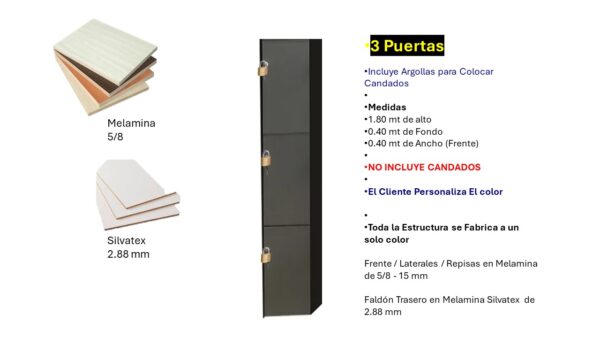 Locker de 3 Puertas - Fabricado en Melamina con Cierre de Argolla con Candados - 1.80 Mt Alto x 0.40 Ancho x 0.40 Fondo -COLOR PERSONALIZABLE - Carpinteria El Salvador Tecnologia y Muebles de Oficina