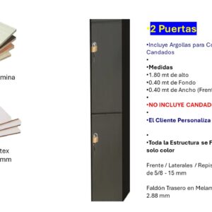 Locker de 2 Puertas - Fabricado en Melamina con Cierre de Argolla con Candados - 1.80 Mt Alto x 0.40 Ancho x 0.40 Fondo -COLOR PERSONALIZABLE Carpinteria El Salvador Tecnologia y Muebles de Oficina