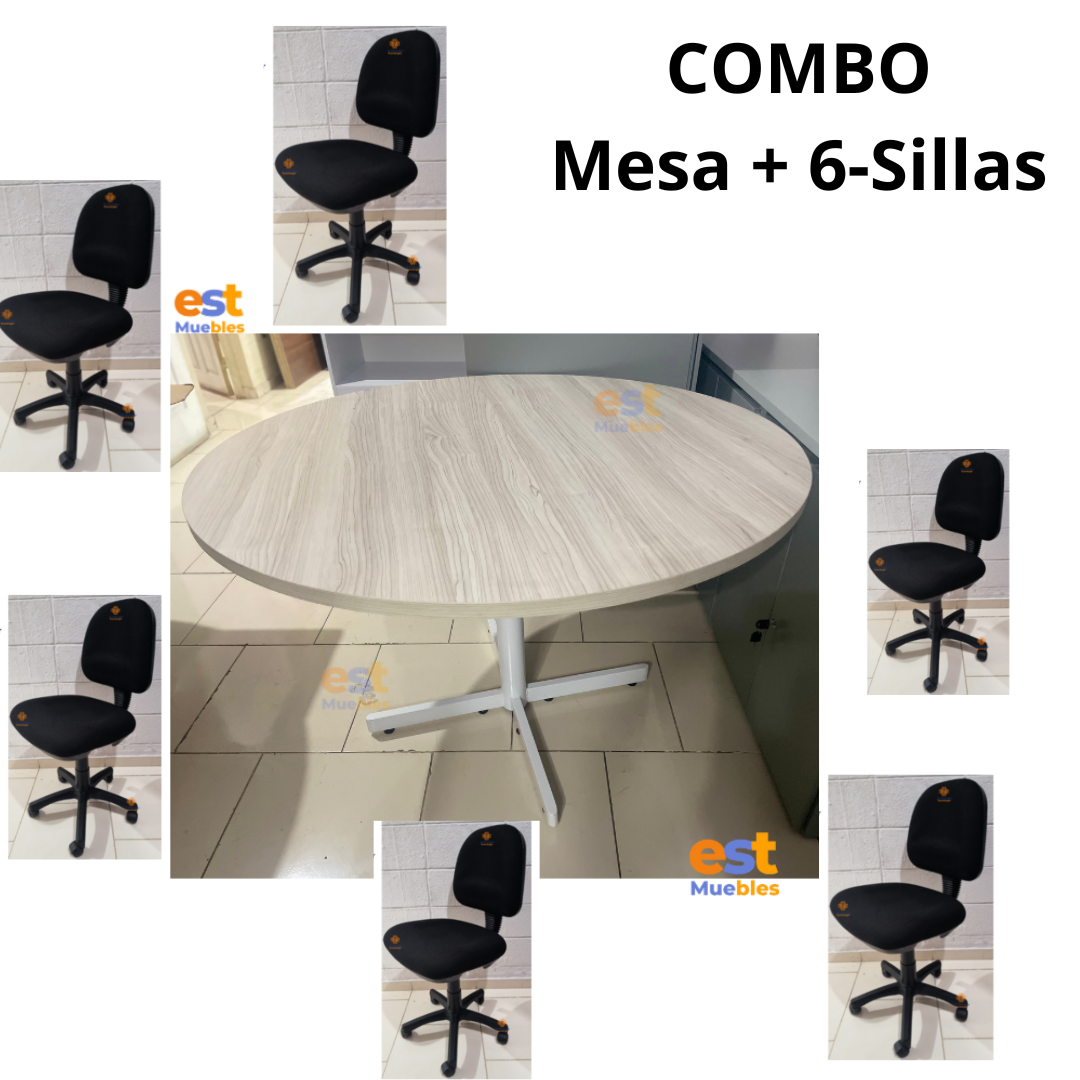 Combo Reuniones - Mesa Circular + 6 Sillas de oficina